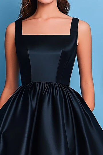 Black A-Line Square Neck Satin Long Prom Dress